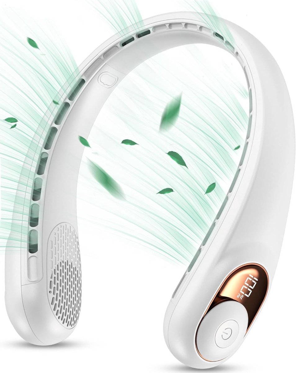 Deze oplaadbare nekventilator is een draagbare ventilator met een verbeterd led-display, een 4000 mAh-batterij en 3 instelbare snelheden. Hij is geschikt voor zowel mannen als vrouwen en is verkrijgbaar in het wit.