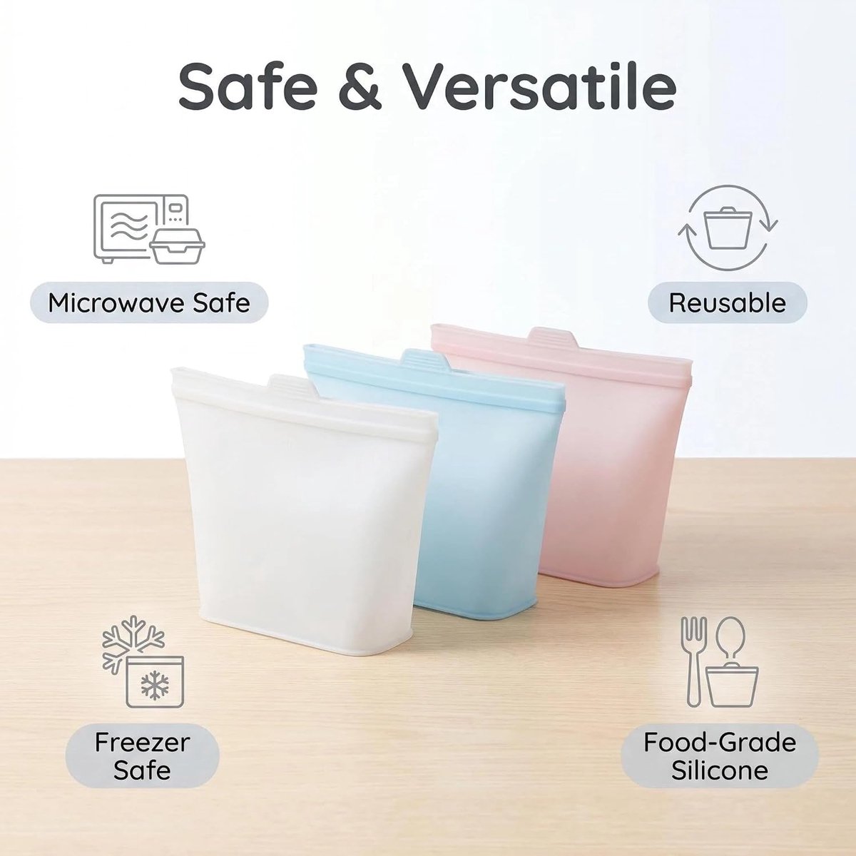 Set van 3 -siliconen voedselbewaarzakken - Herbruikbare diepvrieszakken - Roze 、 Wit 、 Blauw - 17,3*12*9 cm - Geschikt voor koelkasten en magnetrons - Handig voor dagelijks gebruik en op reis — cadeau in Cadeau-ideeën - foto 8