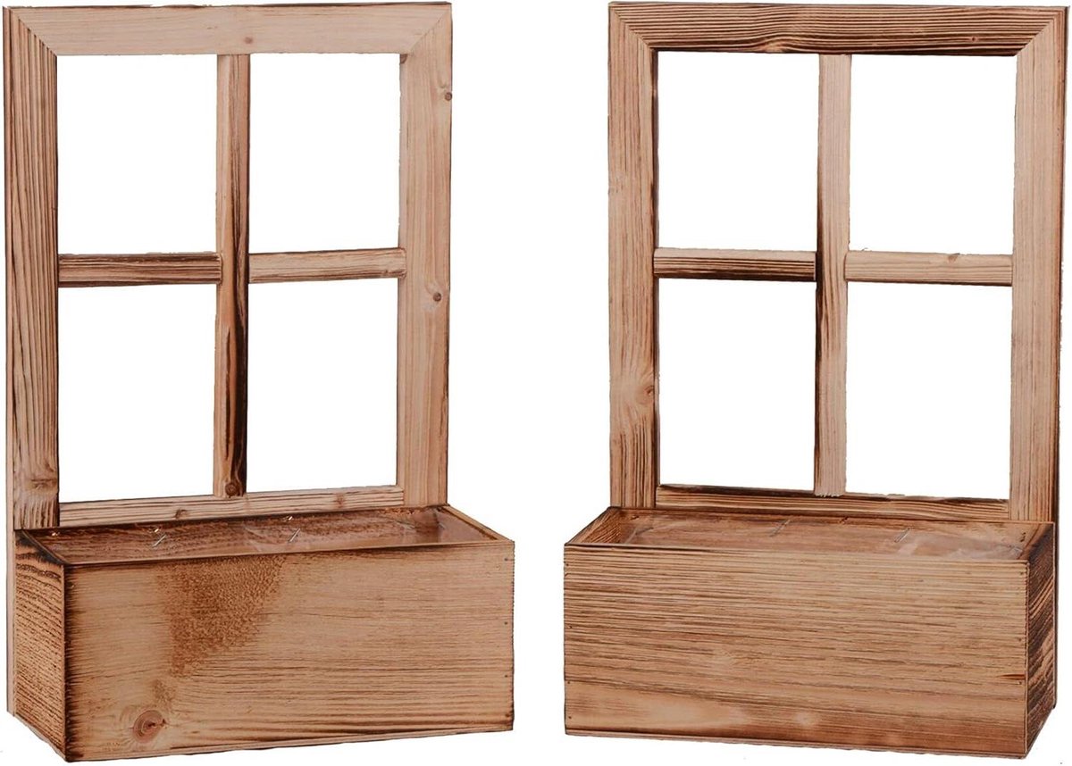 Houten Raam Decoratie - Bloembak Kozijn - Decoratief Gebruik - Vintage Design - 45 cm Hoog - Gevlamd