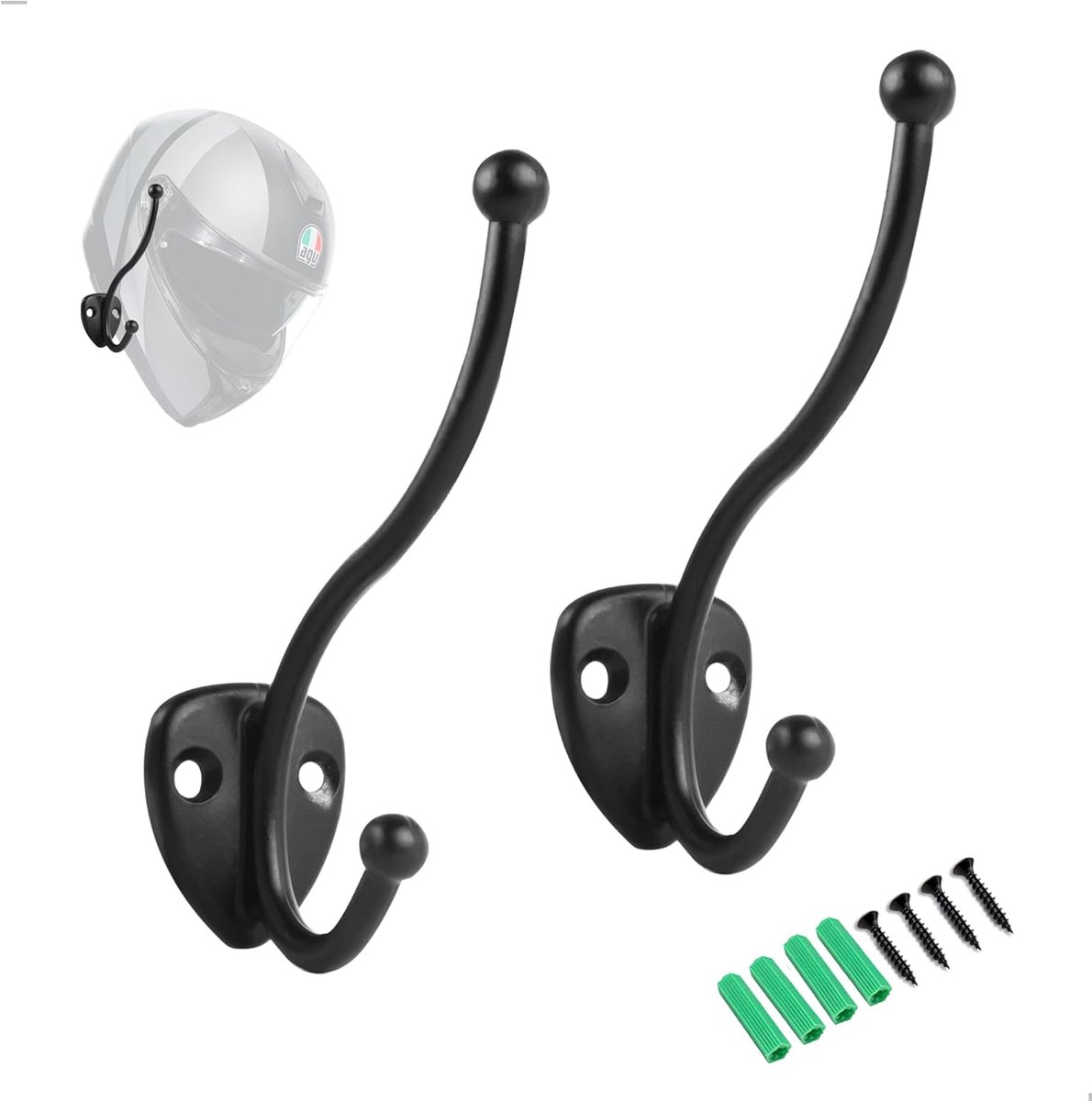 SnelShoppen - Motorhelm Houder Set van 2 - Wandhaak voor Motorhelm en Jas, Retro Zwart, Hoogwaardige Zinklegering, Tot 20 kg, Multifunctioneel voor Wa