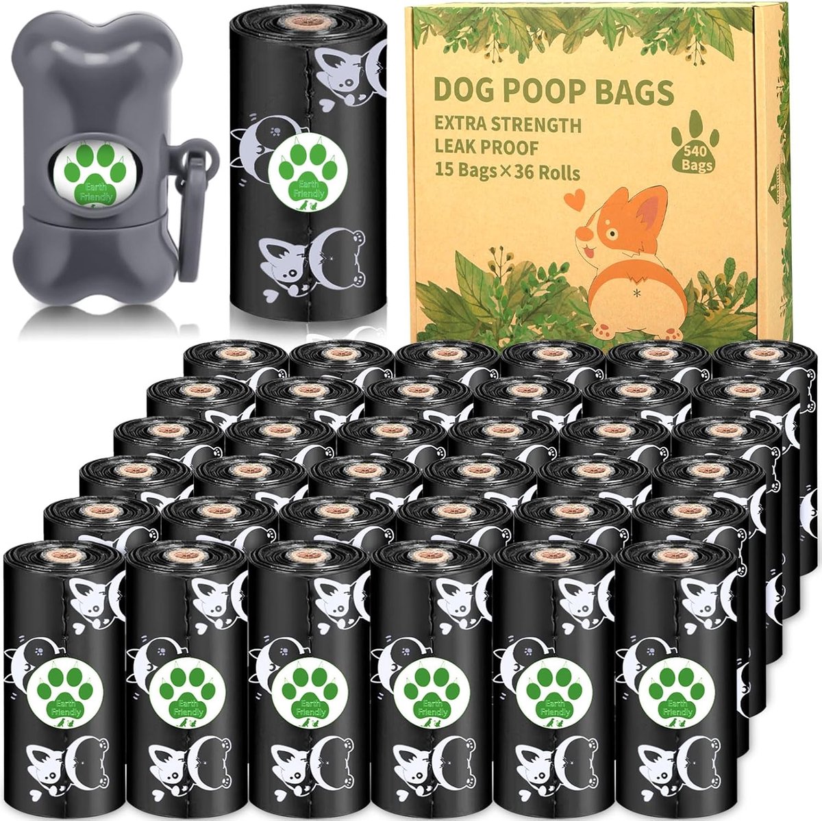 SnelShoppen - Dog Poop Bags 36 Rolls (540 Stuks) met Dispenser - Dikke, Lekvrije Zwarte Poepzakjes met Citroengeur - Ideaal voor Op Stap, Milieuvriend