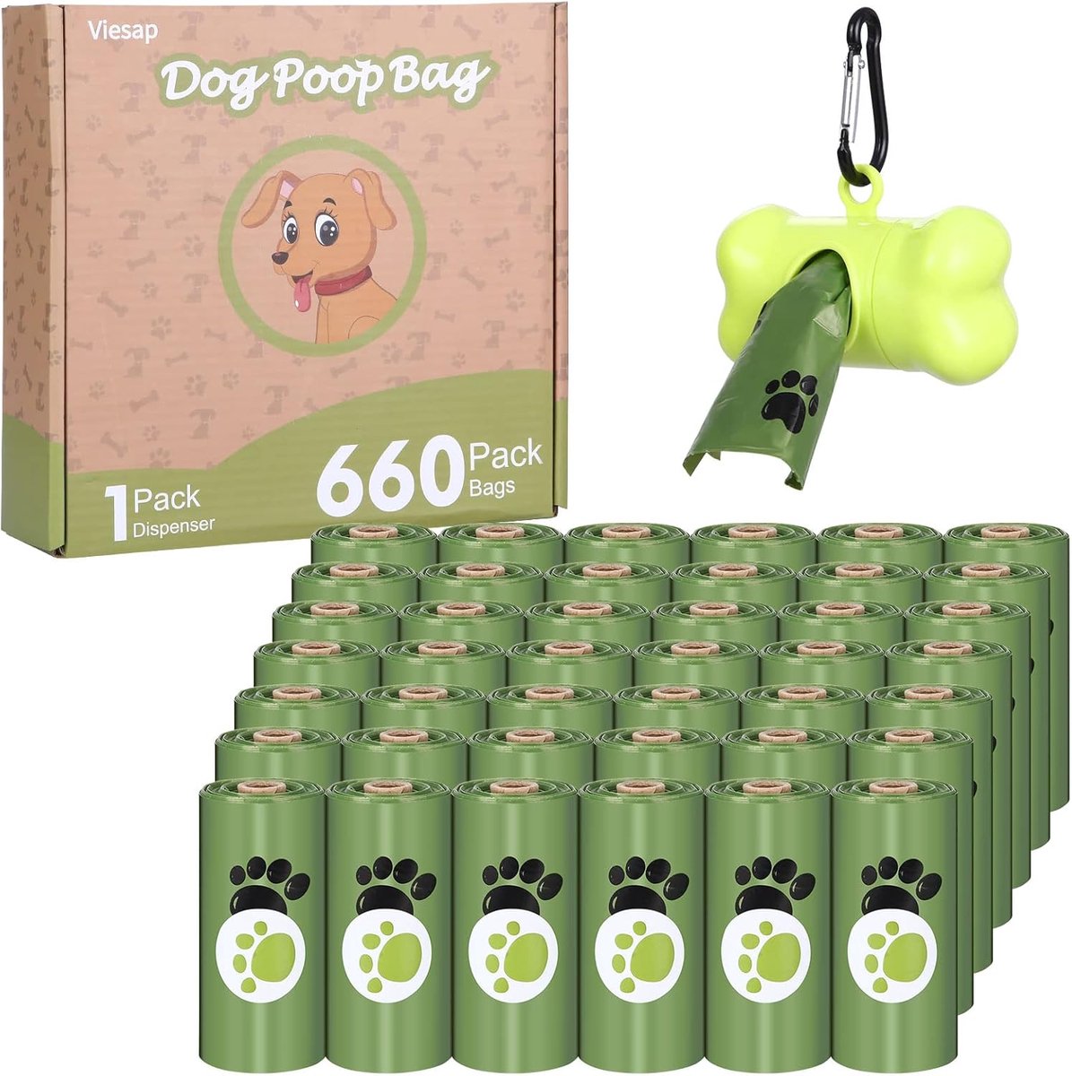 SnelShoppen - Dog Poepzakken 660 Stuks, Biologisch Afbreekbare Poepzakken voor Honden, Waterdicht, Scheurvast, Geurvrij, Met Dispenser, Groene Kleur,