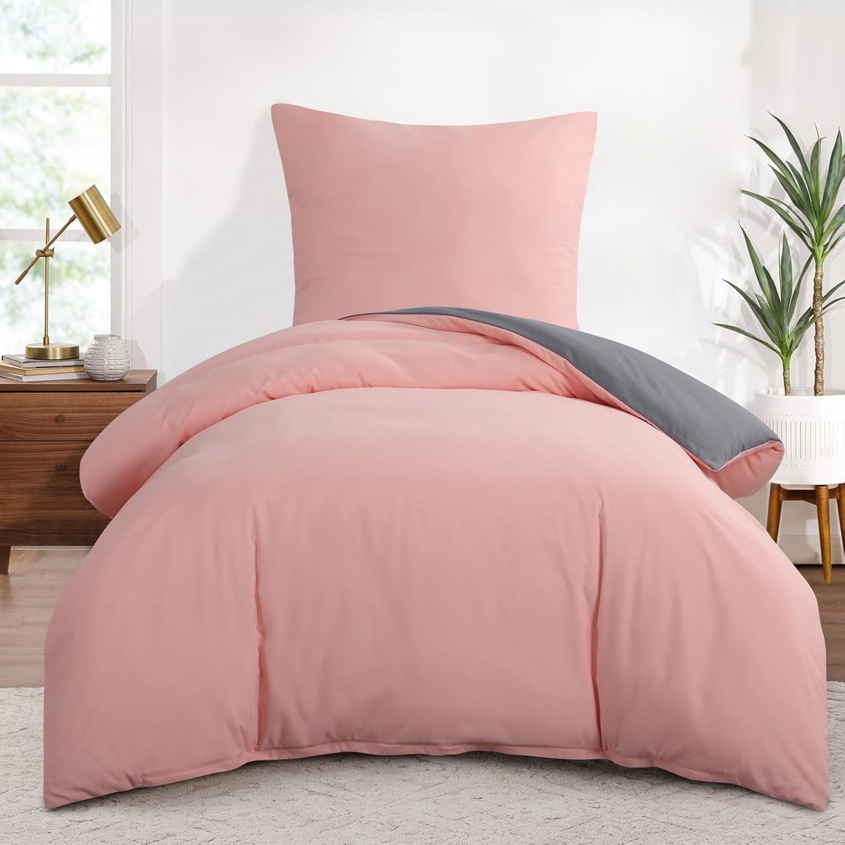 SnelShoppen - Dekbedovertrekset 140x200 cm - Omkeerbaar Roze Grijs - Kussensloop 65x65 cm - Zacht Microvezel - Ideaal voor Slaapkamer, Logies, Gastenk