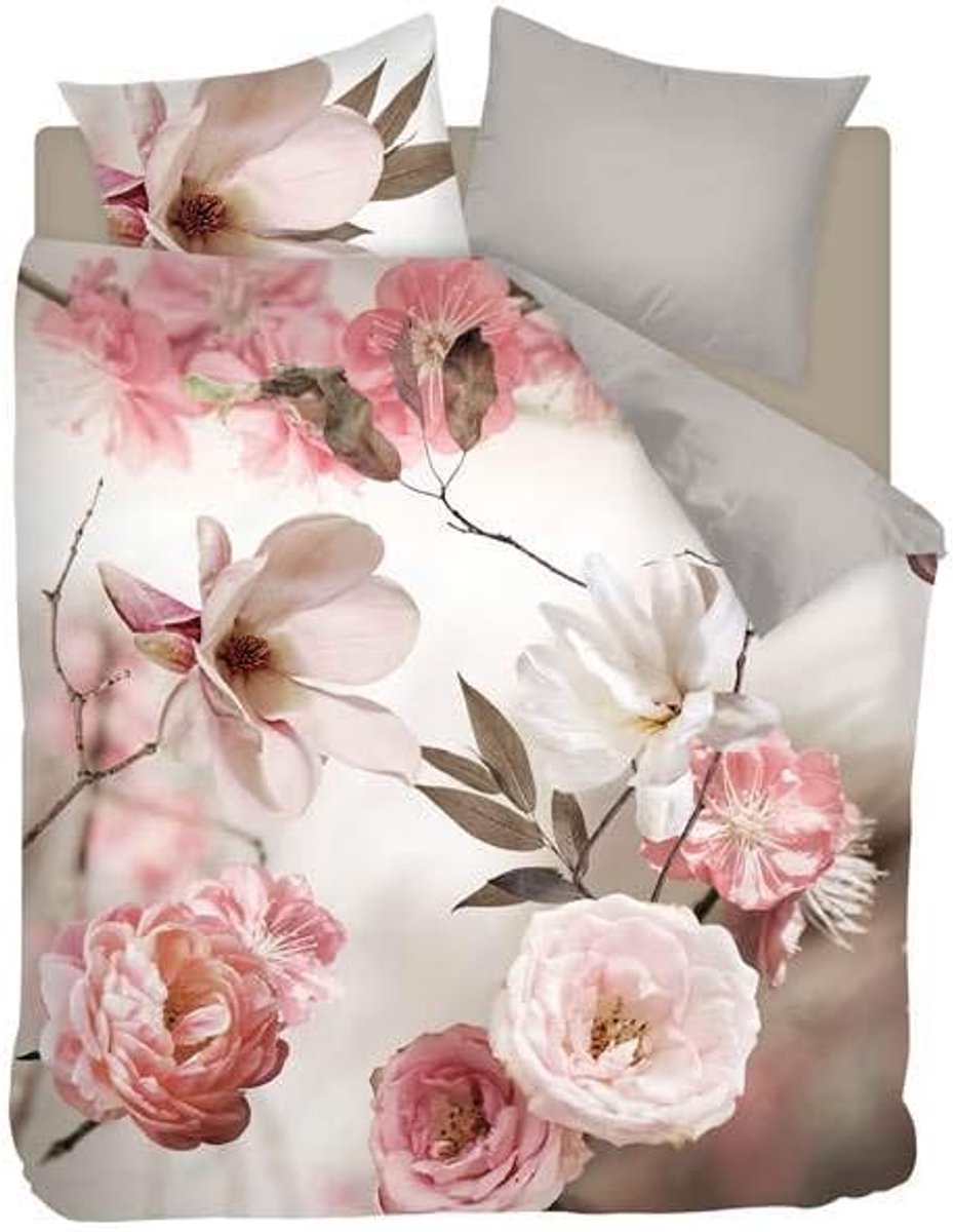 SnelShoppen - Dekbedovertrek Set - Snoozing Fairytale - Katoen-satijn - Tweepersoons 200x200/220 cm + 2 Kussenslopen 60x70 cm - Roze Bloemen - Geschik