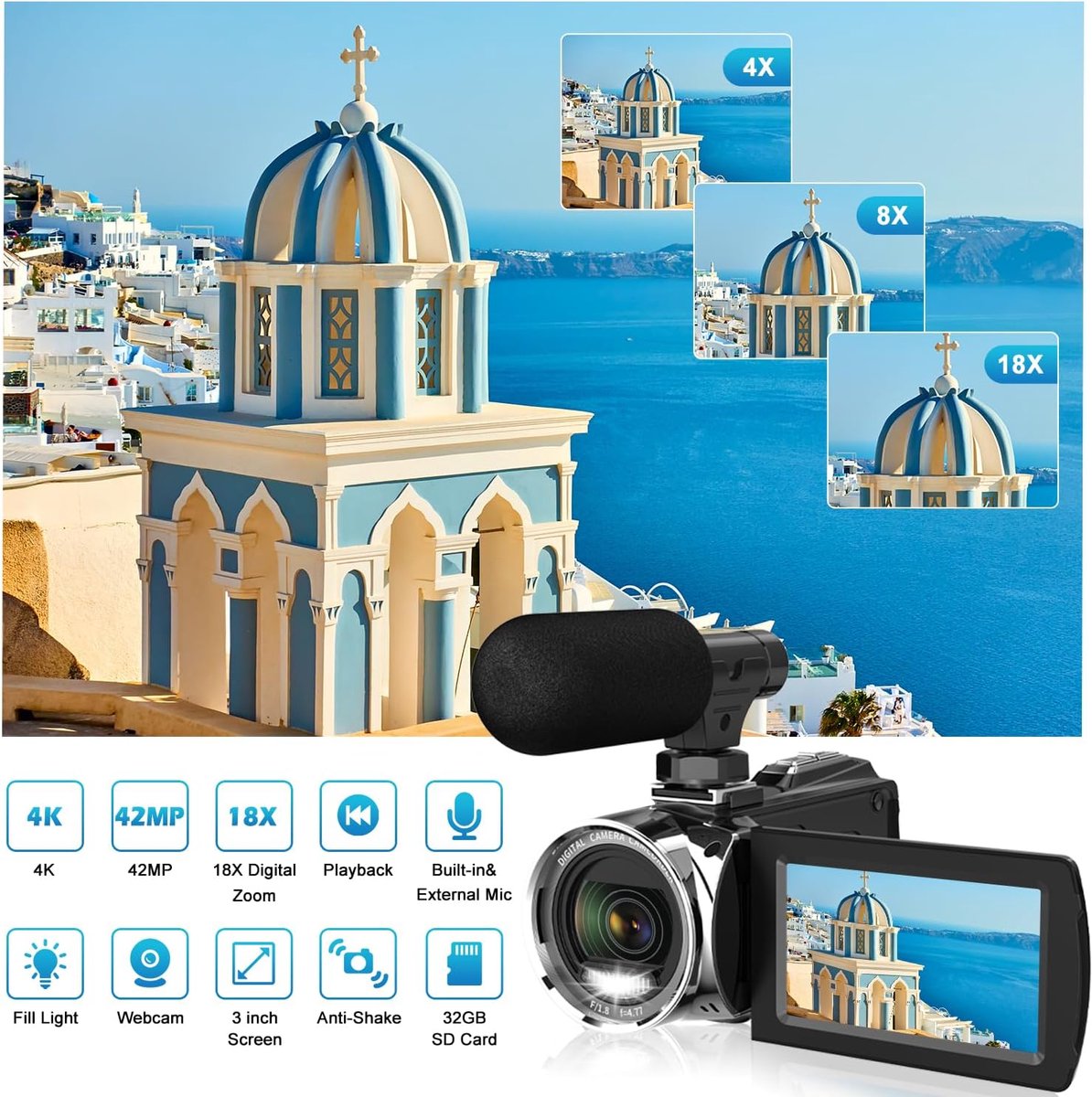 SnelShoppen - Video Camera FHD 1080p 48MP 4K Camcorder voor YouTube - Vlogging Camera Recorder met 18X Digitale Zoom, 3.0 Inch 270° Rotatie IPS Scherm thumbnail 4