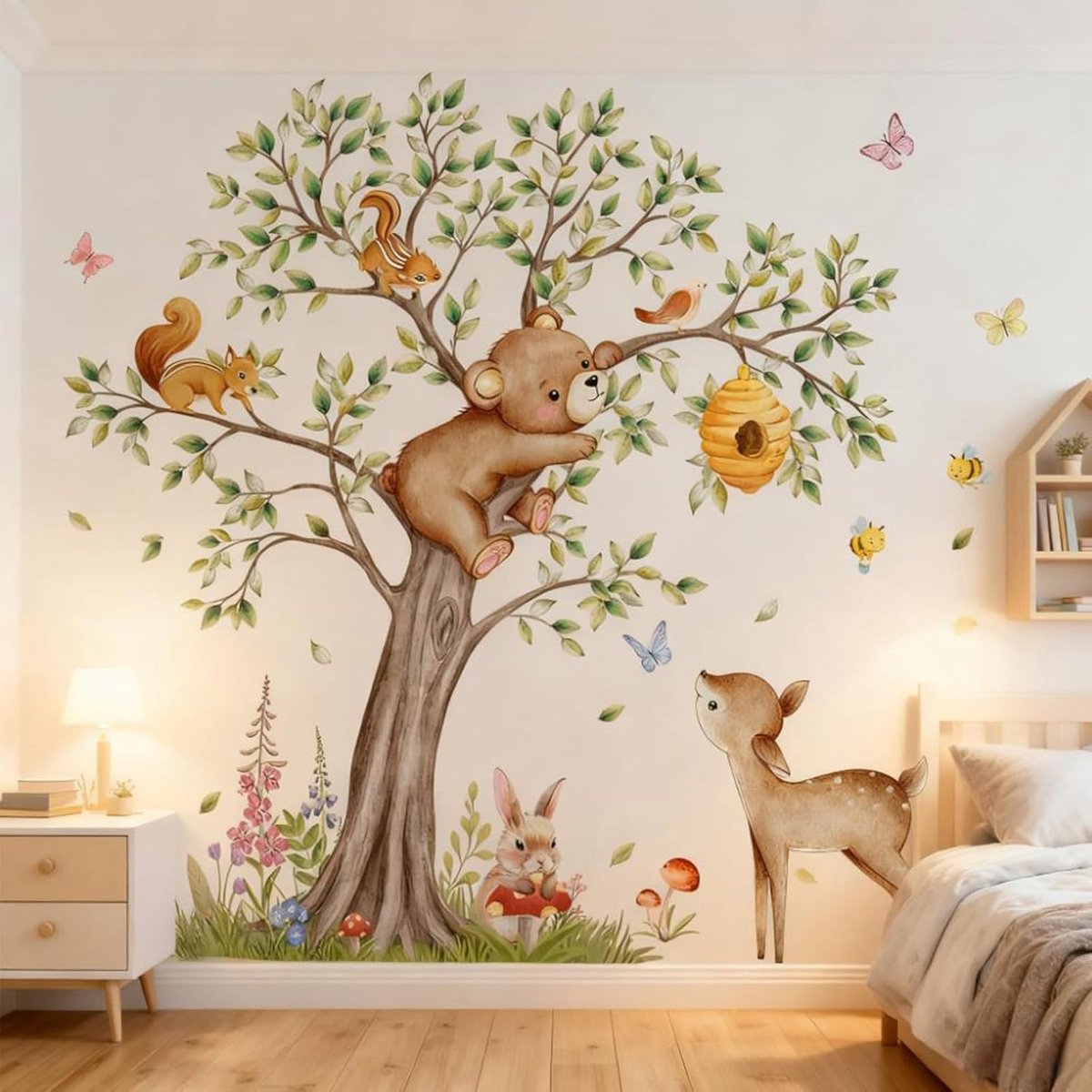SnelShoppen - Wanddecoratie Jungle Dieren - Zelfklevende Muurstickers voor Kinderkamer - Safari Bear, Deer, Fox - Waterdicht PVC - Babykamer Decoratie