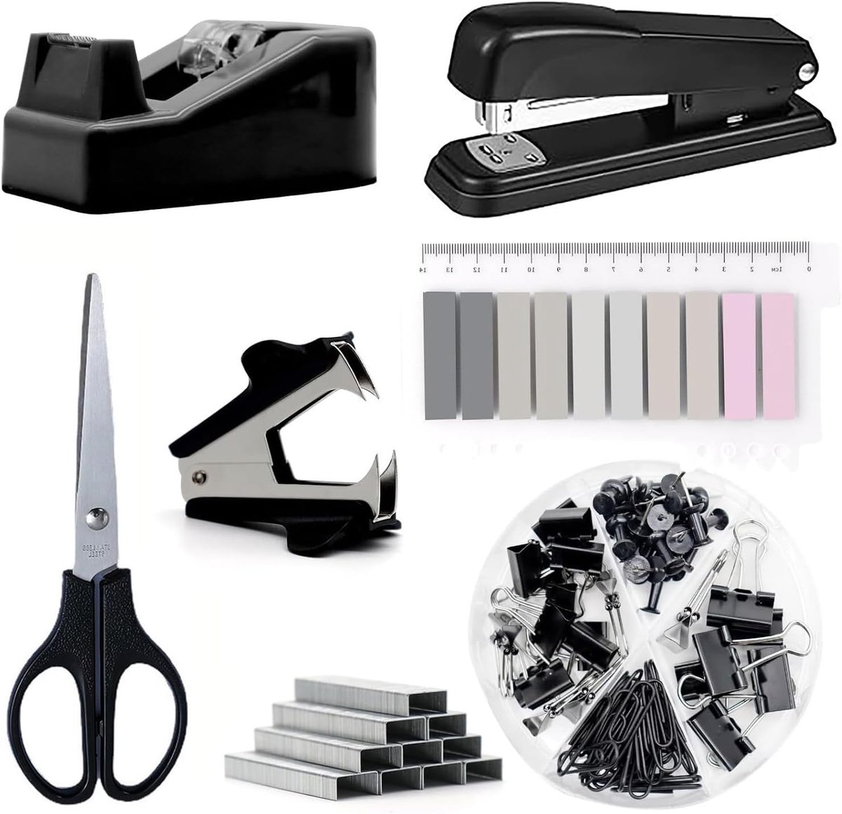 SnelShoppen - Kantoorbenodigdheden Set - Zwarte Bureau Accessoires - Nietmachine, Plakband Dispenser, Nietjes, Penhouder, Clips, Schaar - Duurzaam & V
