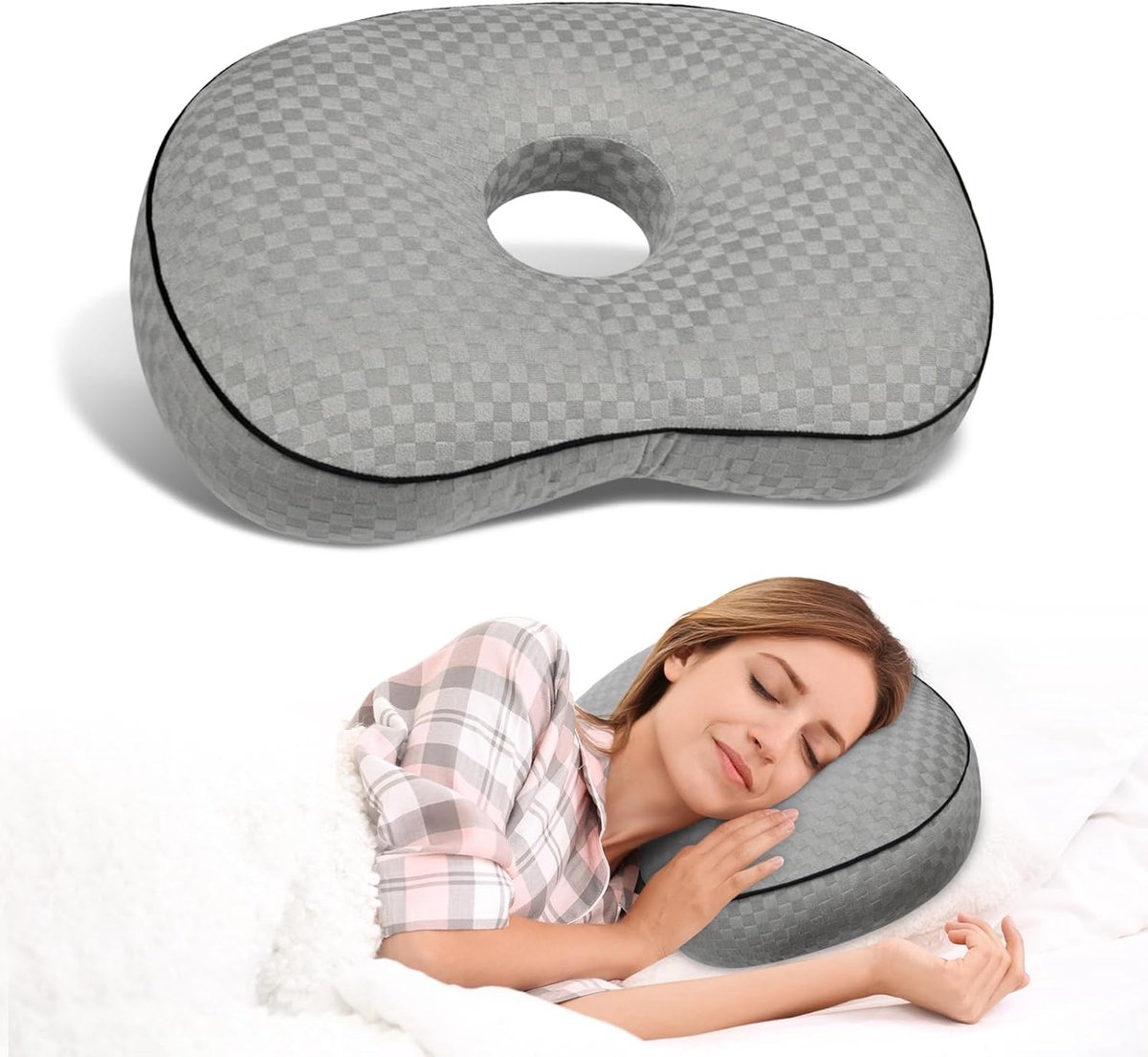 SnelShoppen - Ergonomisch Oorpijn Kussen voor Zijslapers met Oorgat, Wasbaar en Verstelbaar, Katoen en Polyester Vulling, Comfortabel Hoofdkussen voor