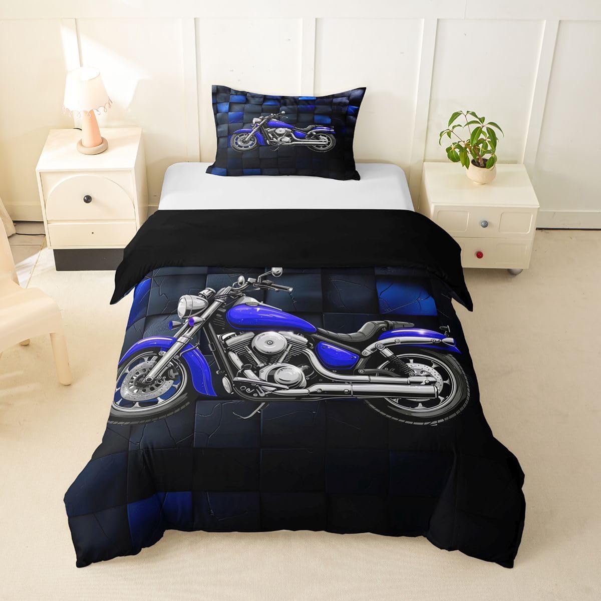 SnelShoppen - Coole motorfiets kinderdekbed S maat 3D blauw zwart vierkant rooster deken beddengoedset voor kinderen, extreme sport thema met kussensl