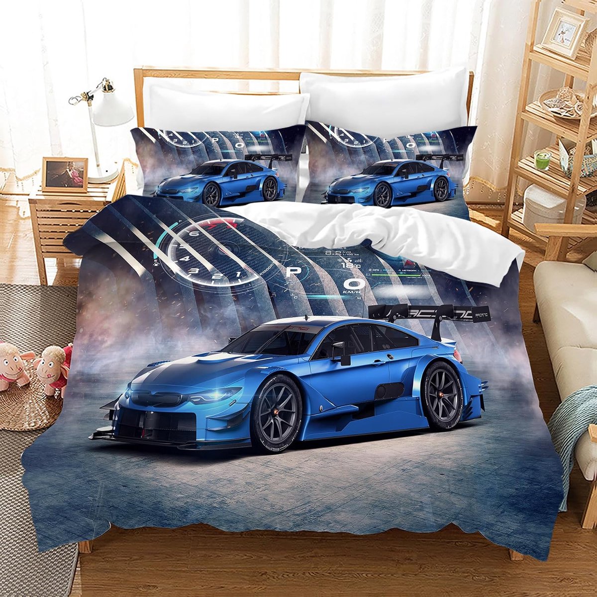 SnelShoppen - Racing Car Dekbedovertrek 135 x 200 cm, Jongens Bedlinnen, 1 x Microfiber Dekbedovertrek + 2 x Kussenslopen 50 x 75 cm, Raceauto Design,