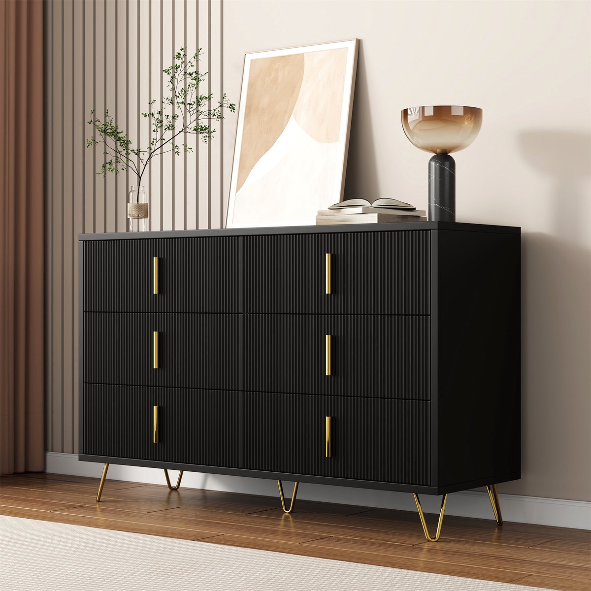 Wishdor - Dressoir - 6 lades - modern minimalistisch opbergmeubel voor woonkamer of slaapkamer - houtlook - zwart en goud - 120 x 40 x 77 cm