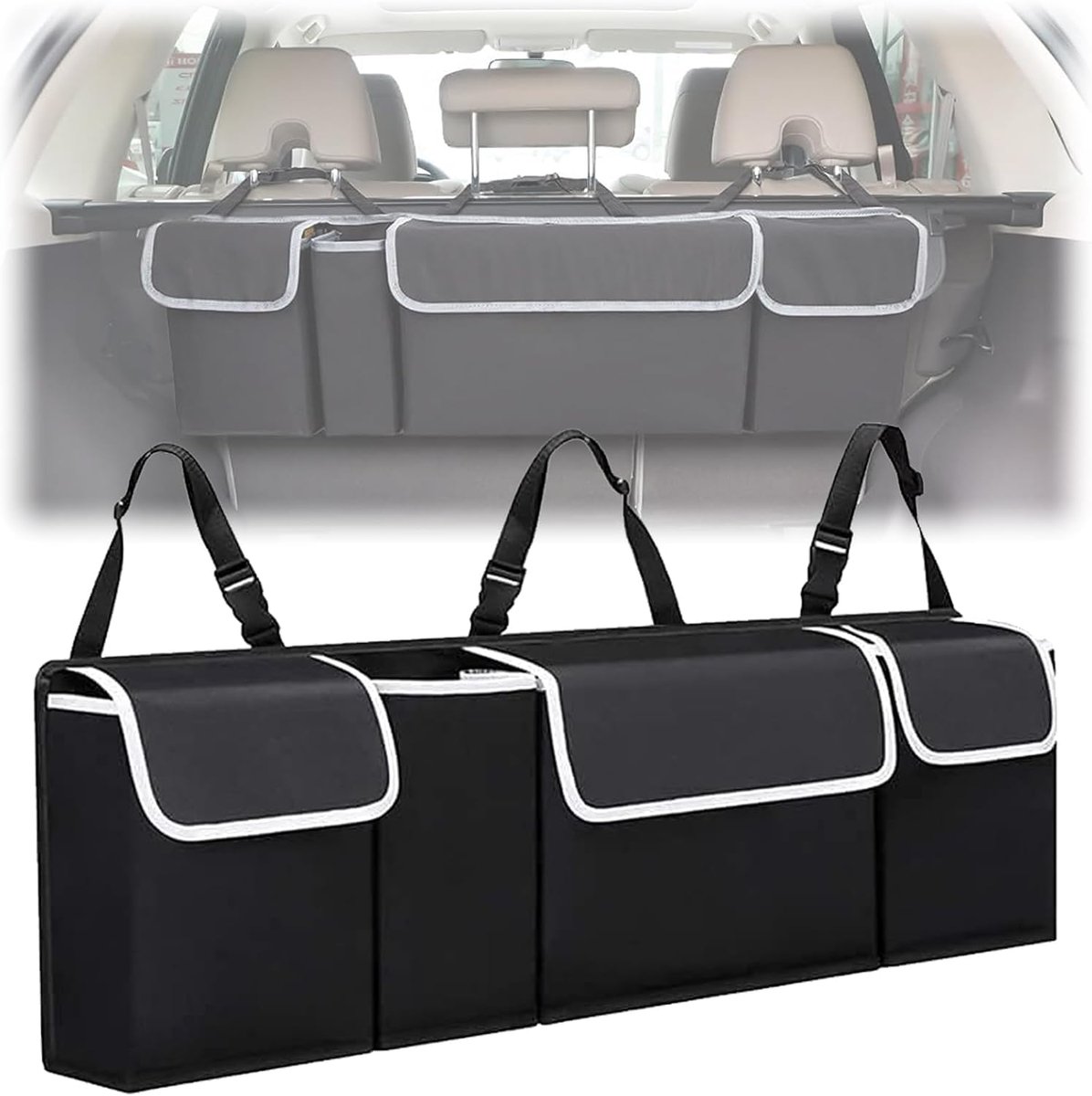 SnelShoppen - Opvouwbare Auto-Opbergtas met 4 Vakken en Verstelbare Riemen, Waterdichte Kofferbaktas voor Achterbank, 90 x 12 x 25 cm, Auto-Organizer