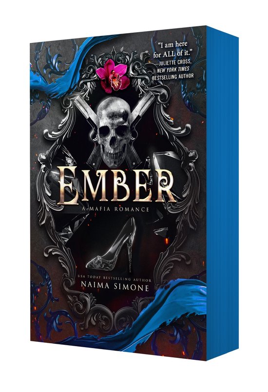 Boekomslag 'Ember: A Mafia Romance'. Een schedel en gekruiste botten boven het woord 'EMBER' in glimmende letters. Daaronder een zwarte pumps en de tekst 'A MAFIA ROMANCE'.