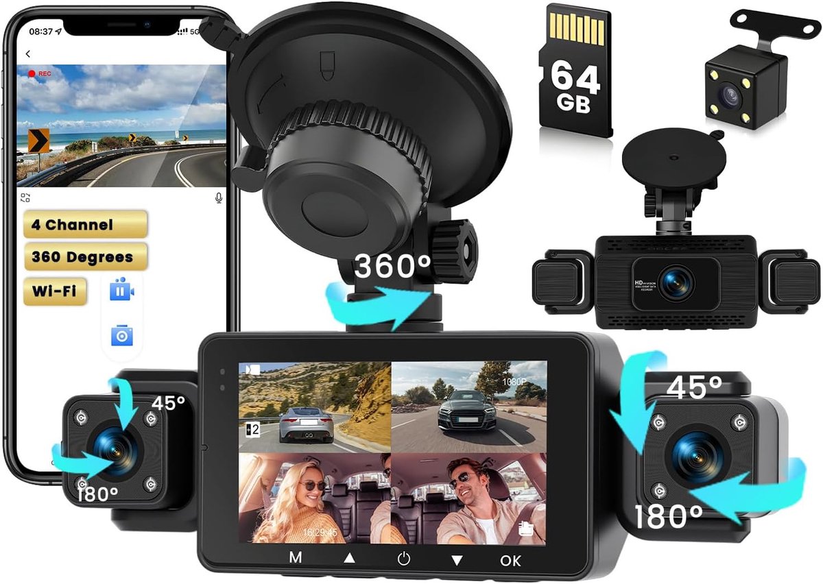 SnelShoppen - Wi-Fi Dashcam 1080P FHD Mini Auto Camera met 64GB Kaart, 3 Camera's voor Voor, Achter en Zijkanten, G-Sensor, Nachtzicht, Parkeerbewakin