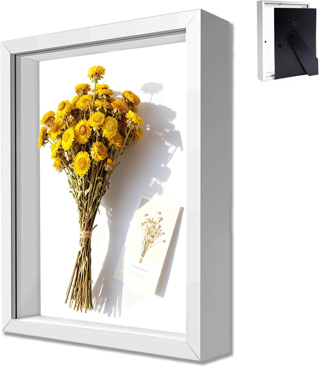 SnelShoppen - Diepe Fotolijst 21x30 cm met 3D Effect, Houten Foto Frame voor Wand en Bureau, Wit, Ideaal voor Objecten, Bloemen en Souvenirs