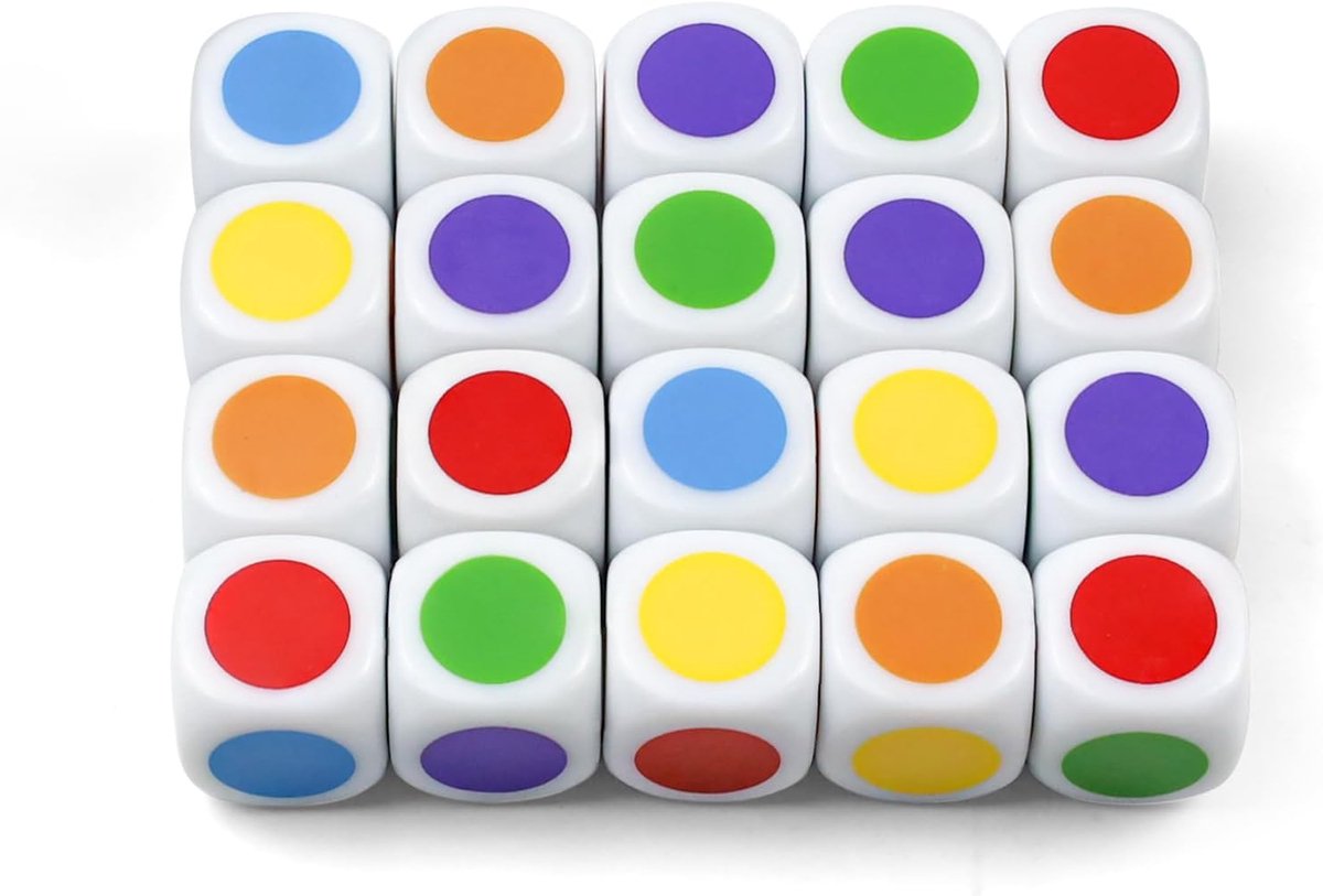 SnelShoppen - 20 Kleurkubussen met Stippen - Aanpasbare Dobbelstenen - 6 Kleuren - 22 mm - Ideaal voor Klaslokaal, Spelletjes en Creatieve Activiteite