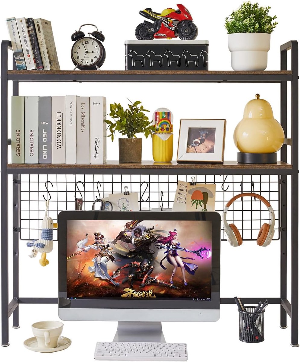 SnelShoppen - Computer Desktop Boekenkast 2-Tier 90cm Multifunctionele Houten Bureau Hutsch Boekenplank met Verstelbare Plank en Desk Organizer voor K