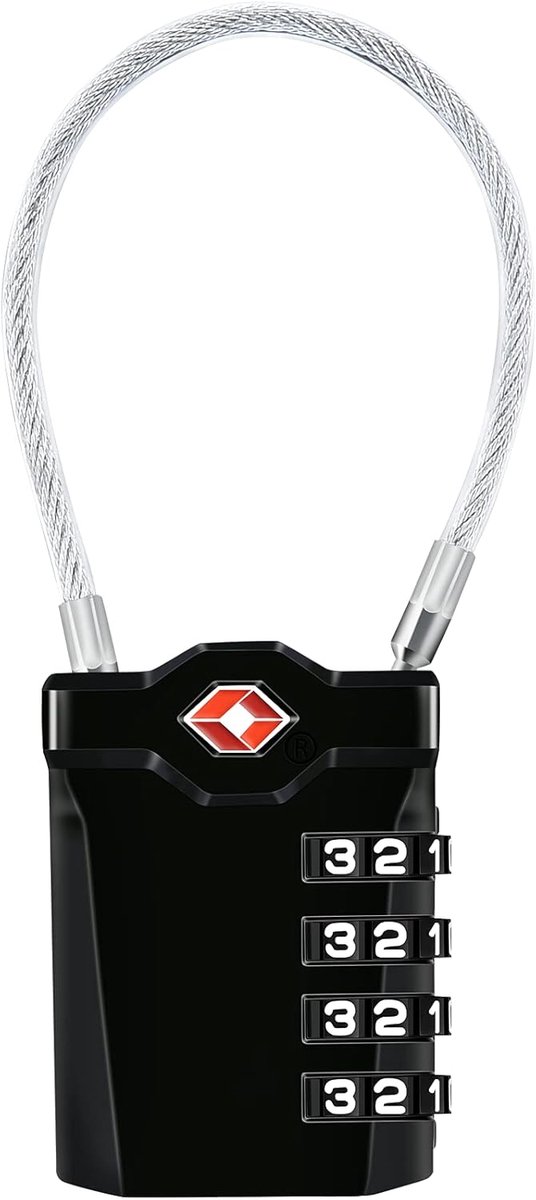 SnelShoppen - TSA Bagagesloten met Flexibele Kabel van 14cm, 4-cijferige Combinatieslot voor Koffers, Luggage, Rugzakken en Schoolkasten, Zwart (1 Stu