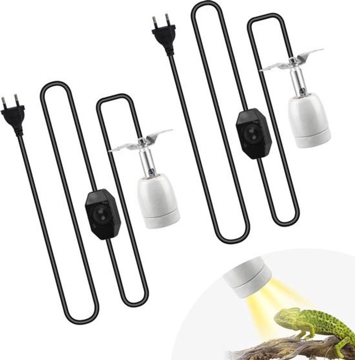 2 stuks warmtelampfitting keramiek voor reptielen - lamphouder met schakelaar - 18 m kabel en stekker - hagedissen schildpad UV porseleinen fitting - 360 graden draaibaar - dimbaar - geen lamp .