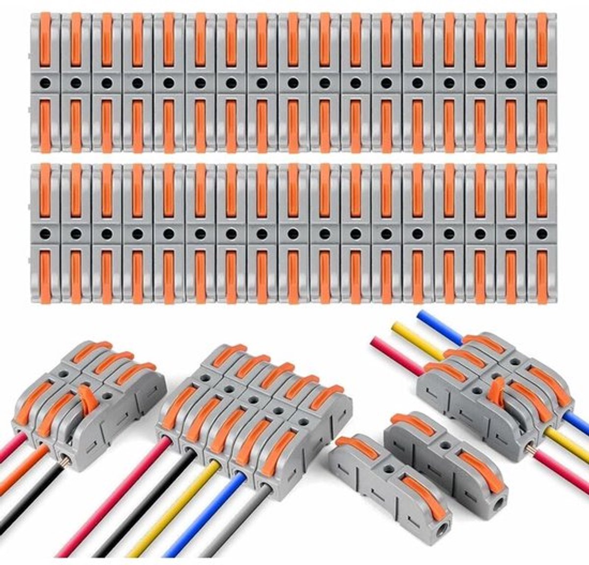 Snelle elektrische connector met hendel, 34 snelaansluitklemmen, één in en één uit, snelle elektrische klemmen, kabelconnectoren vrij combineerbaar, PA/PC vlamvertragend
