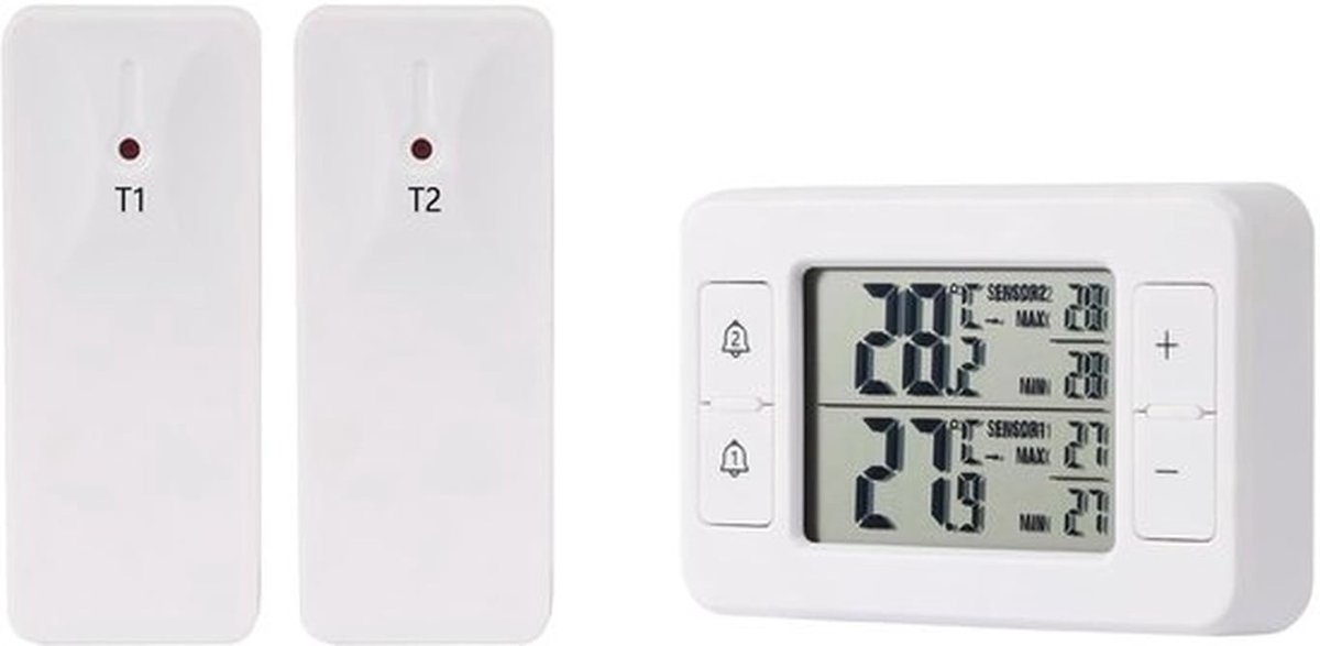 Thermometer - Draadloze Thermometer voor Huis - Digitale Thermometer met 2 Sensoren - LCD-display - Min/Max Geheugen - Hoorbaar Alarm - Voor Huis en Restaurant - Wit