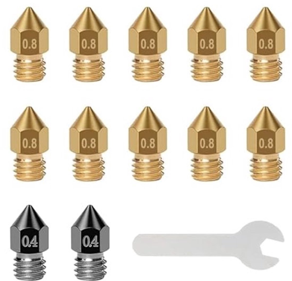 Verpakking van 12 3D-printerdoppen MK8 2 x 0,4 mm gehard staaldoppen + 10 x 0,8 mm messingdoppen + sleutel voor 3D-printer