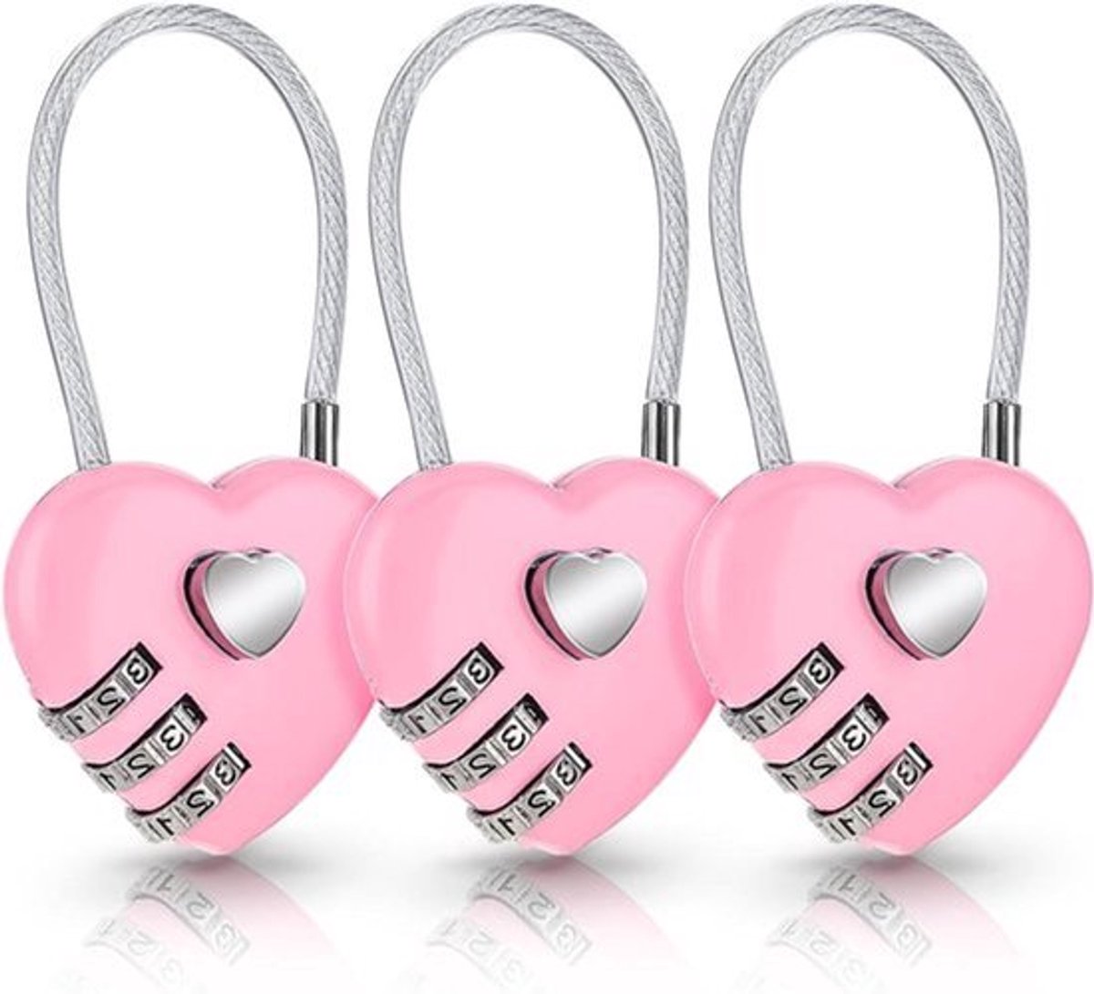 3 stuks roze hartcombinatiesloten voor reistassen en koffers - schattige locker-codesloten met hartvormige kabelhangsloten