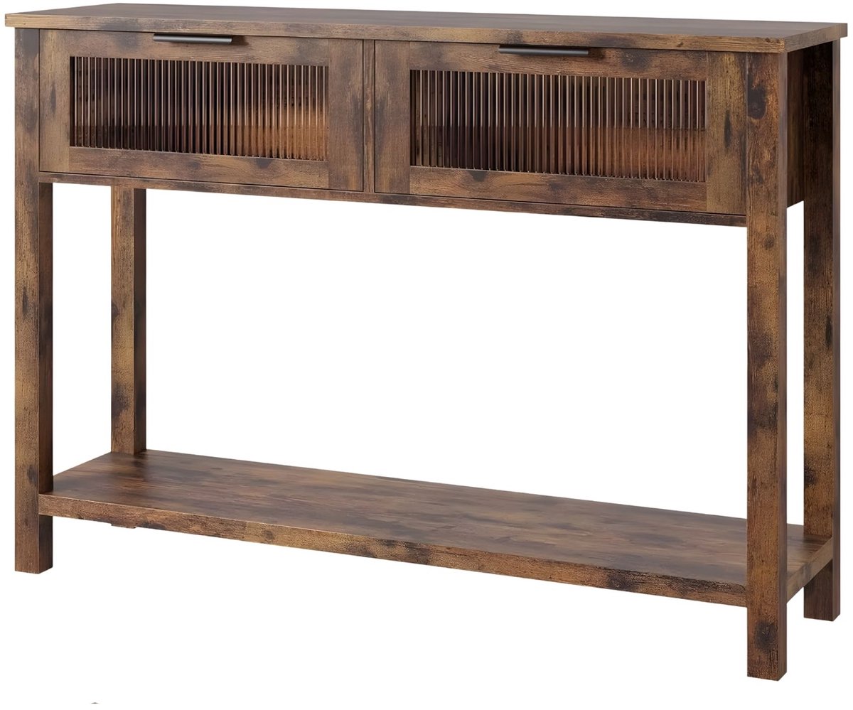 Consoletafel 2-Laags - Met Glazen Laden en Open Opbergplank - voor woonkamer en hal - Retro Bruin