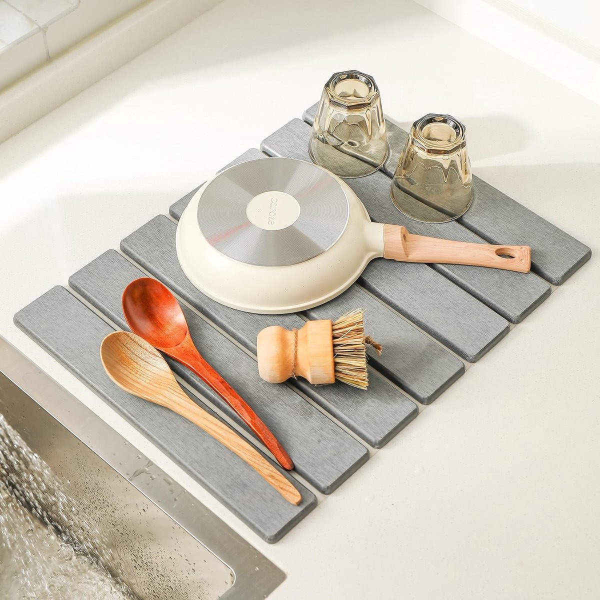 Thijox - Diatomeeënaarde Afdruipmat 60 x 40 cm - Antislip Absorberende Keuken Droogmat voor Snelle Droging - Lichtgrijs Afdruiprek Mat voor Dagelijks