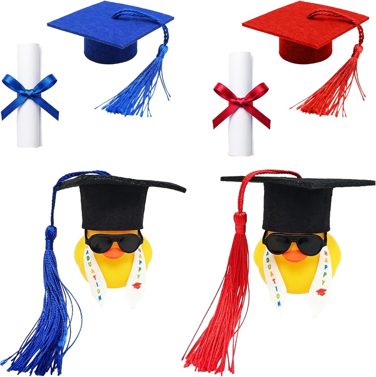 SnelShoppen - 2 Rubber Eenden met Doktershoed en Diploma - Grappige Auto Decoratie - Origineel Cadeau voor Afgestudeerden en Studenten - Kunststof Zwe