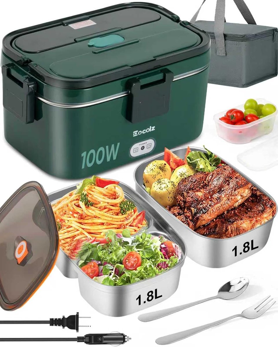 SnelShoppen - Elektrische Lunch Box Warmhouder 100W, Dubbele Container 1.8L, Draagbare Verwarmer voor Auto, Werk, RVS, Inclusief Bestek en Oplaadkabel