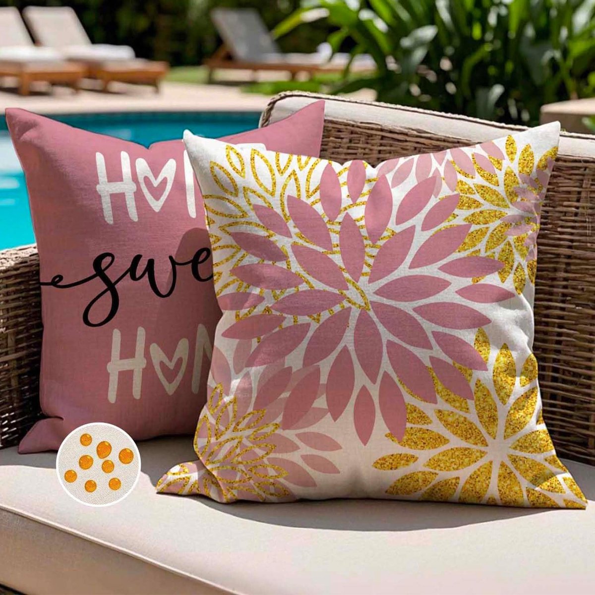 SnelShoppen - Set van 2 Buiten Kussenhoezen 40 x 40 cm, Waterdichte Roze Gouden Dahlia Bloemen, Tuin en Terras Decoratie, Perfect voor Balkon en Sofa