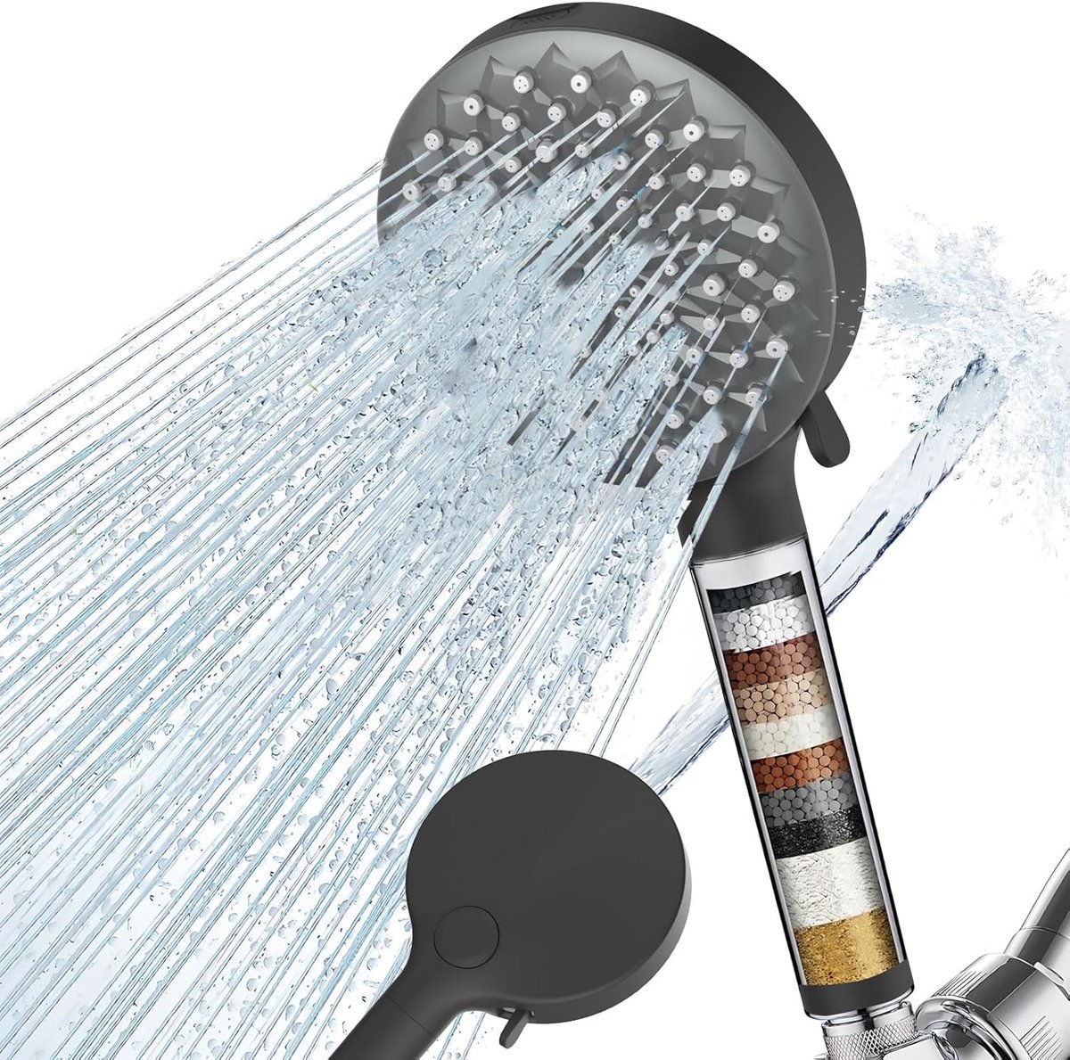 SnelShoppen - Douchestraal met Hoge Druk en Filter, Regendouche met 7 Spraystanden, Handdouche met Waterbesparing (Zwart)