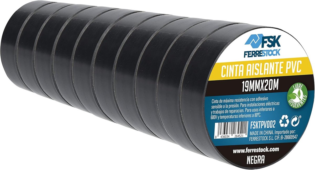 SnelShoppen - PVC Isolatietape Zwart 19 mm x 20 m - 10 Stuks - Temperatuurbestendig, Vochtbestendig en Corrosiebestendig - Ideaal voor Elektrisch Werk