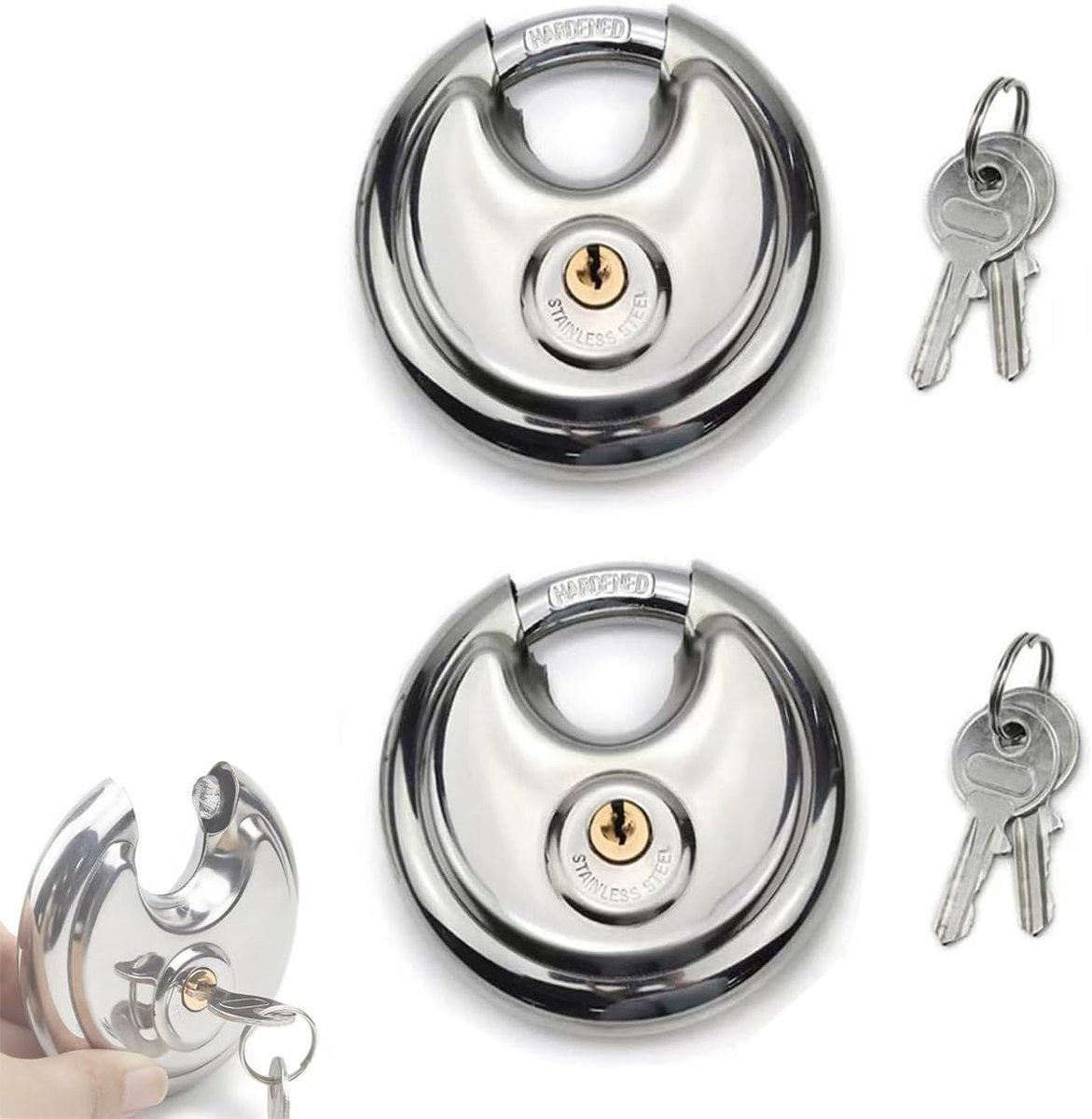 SnelShoppen - 2 Stuks 70 mm Hangslot Met Roestvrijstalen Klap, Schijfslot, Weerbestendig, Rond, Inclusief 2 Sleutels - Perfect Voor Tuin, Camping, Vei