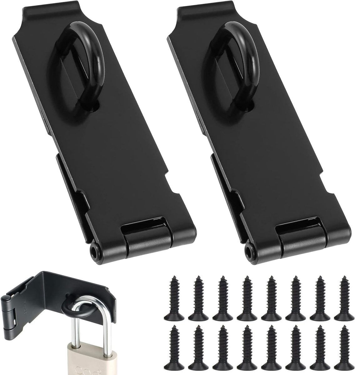 SnelShoppen - 2Pcs RVS Padlock Hasp 4 Inch met 18 Schroeven, Zwarte Veiligheidsvergrendeling voor Deuren, Ramen en Kasten