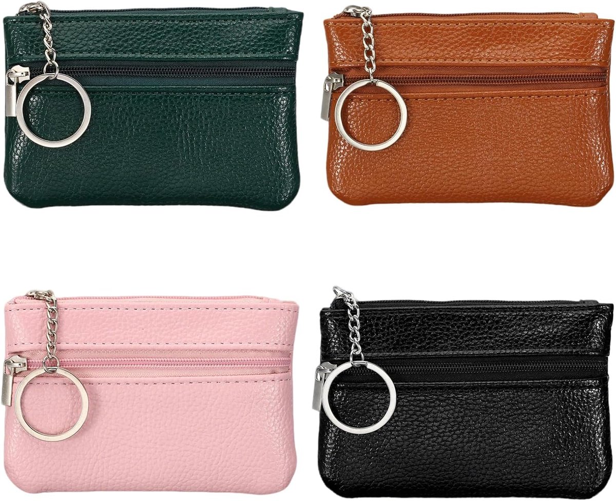 SnelShoppen - Leren Sleuteltas - 4 Stuks Sleutelhanger met 2 Compartimenten - Coin Purse voor Auto Sleutels en Munten - Hoogwaardige Bescherming voor