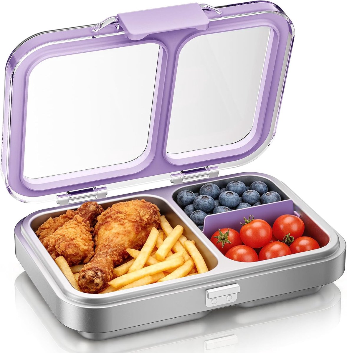 SnelShoppen - Bento-lunchbox van roestvrij staal 304 voor kinderen - Luchtdichte bento-box met 2 vakken - Vaatwasmachinebestendig - Paarse lunchbox vo