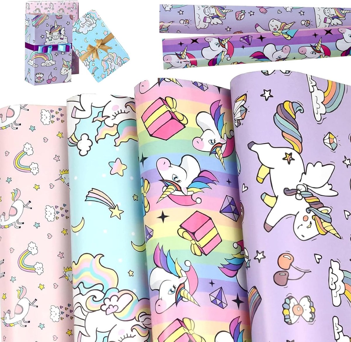 SnelShoppen - 4 vellen eenhoorn cadeaupapier voor kinderen - Regenboog, 50 x 70 cm - Perfect voor verjaardagen, bruiloften, Valentijnsdag, Kerstmis en