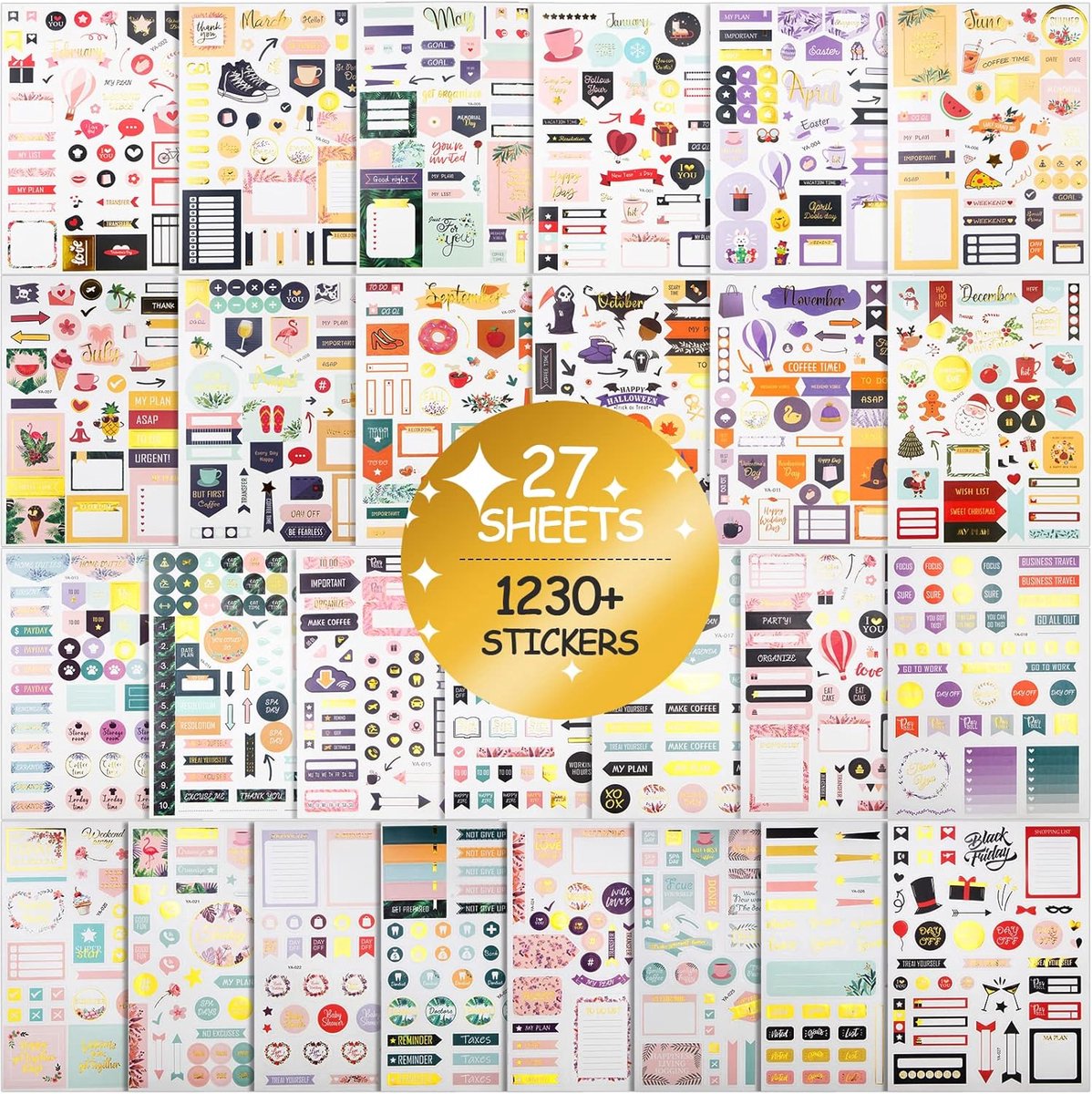 SnelShoppen - 27 vellen 1230 stuks bullet journal stickers - Planner Stickers, Dagboek Stickers, Verjaardagsstickers, Inspirerende Citaten, Glanzende