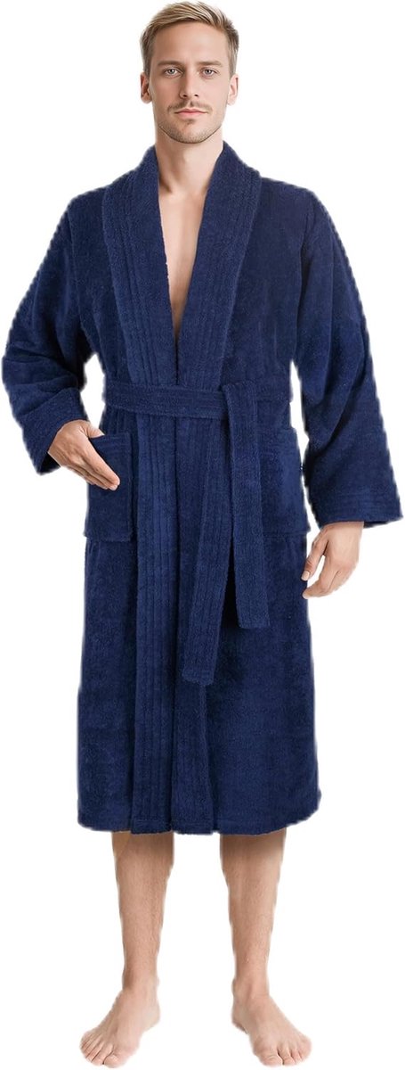 SnelShoppen - Herenbadjas 100% Katoen, Zachte Badstof, Absorberend, Met Zakken, Lang, Donkerblauw, Ideaal voor Thuis, Sauna, Spa en Ontspanning