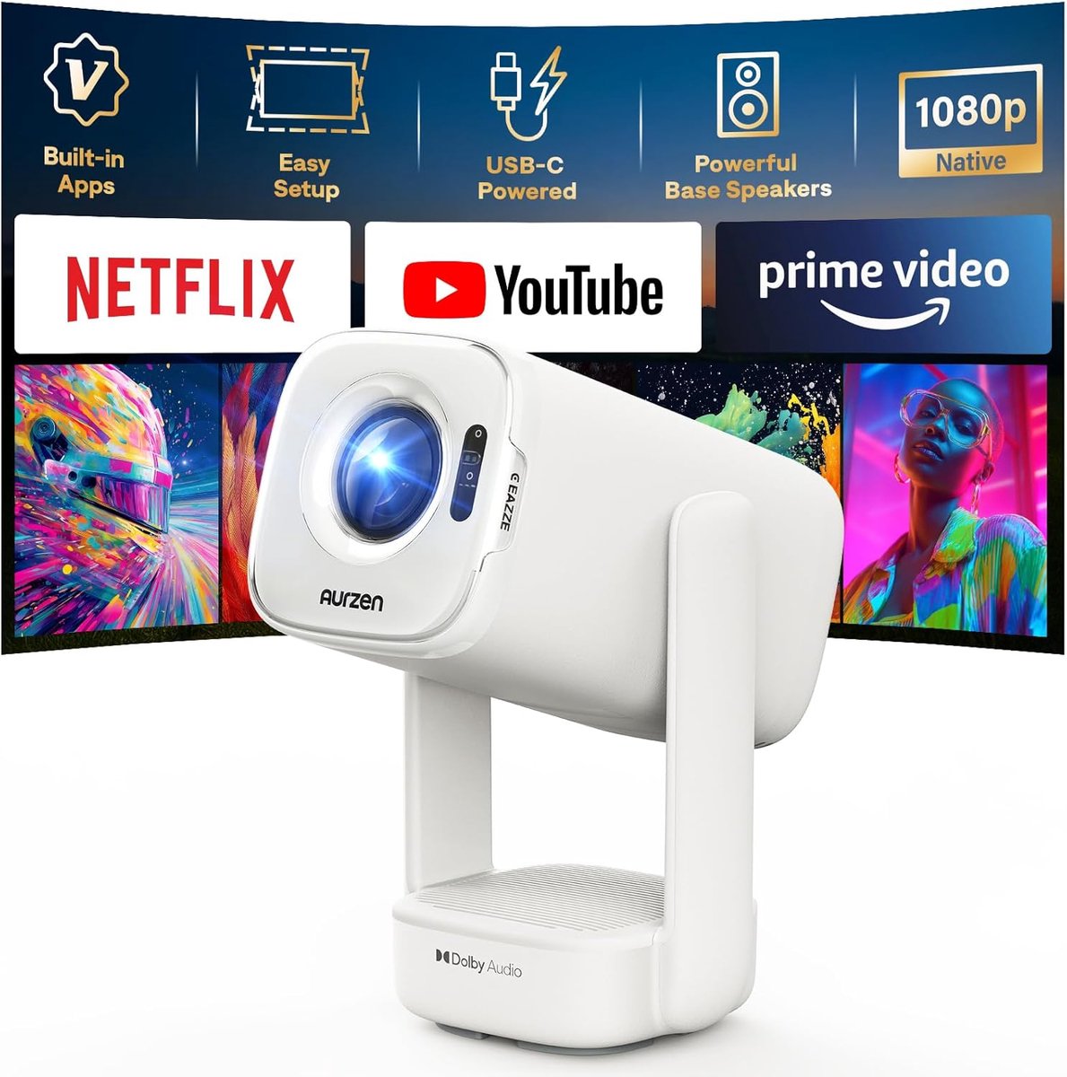 SnelShoppen - Draagbare Projector met Ingebouwde Netflix-app, Native 1080P HDR10, 4K Ondersteuning, USB-C Aangedreven, TOF Auto Focus, Dolby Audio - P
