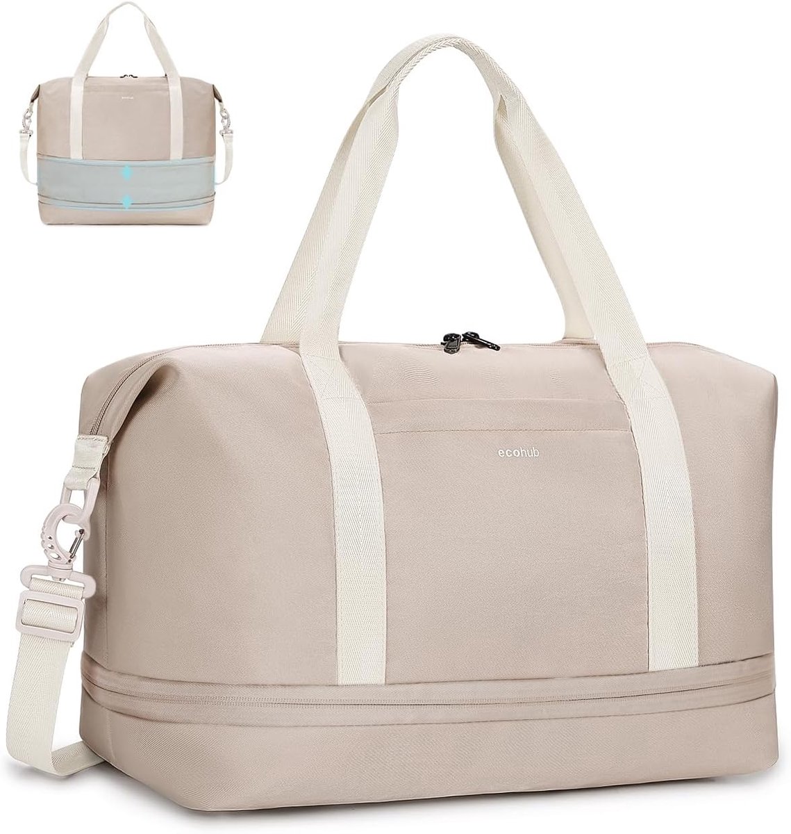 SnelShoppen - ECOHUB Handbagage Tas 40x30x20 cm - Uitbreidbare Waterdichte Weekendtas - Gerecycled PET Sporttas voor Dames en Heren - Beige - Perfect