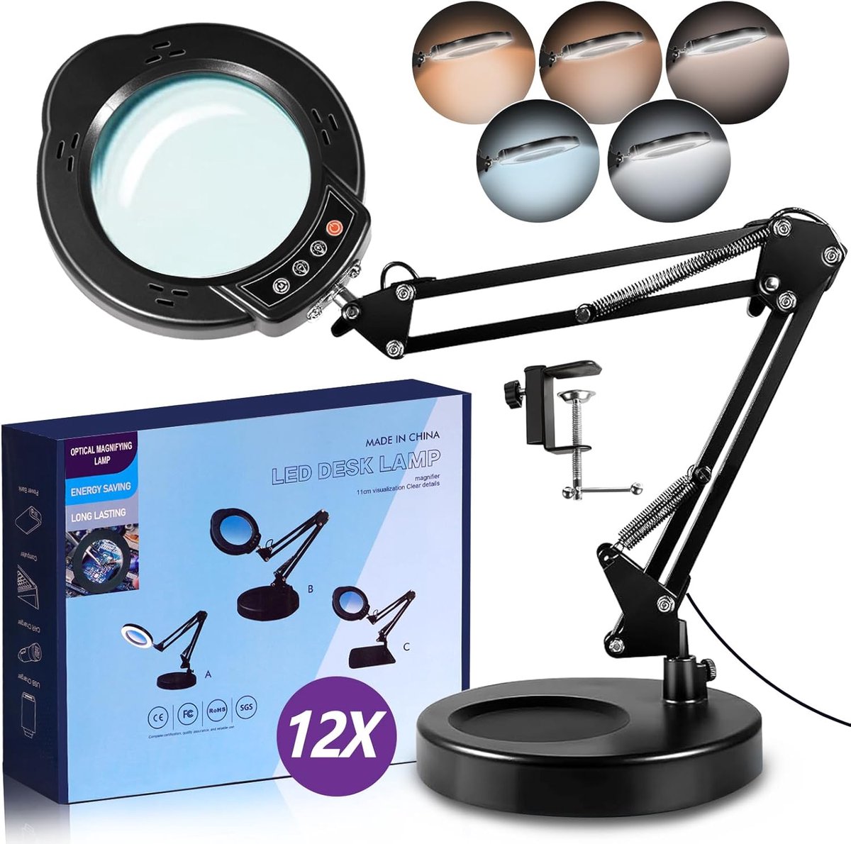 Vergrootglas met Licht - Loep Lamp - Nauwkeurig Werk - 5 Kleurmodi - 12x Vergroting - Zwart