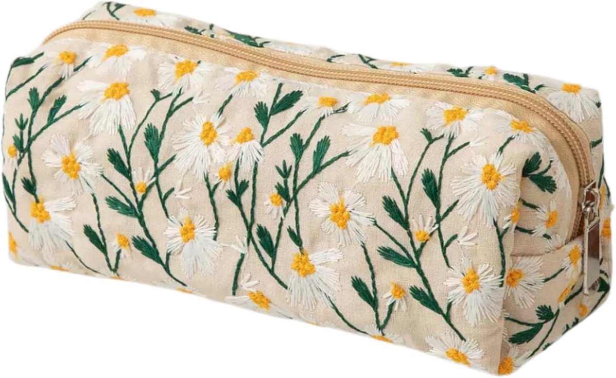 SnelShoppen - Canvas Katoen Etui 20x9x8cm - Grote Capaciteit Make-up Tas - Rits Etui voor Meisjes - Beige Madeliefjes - Perfect voor School, Reizen en