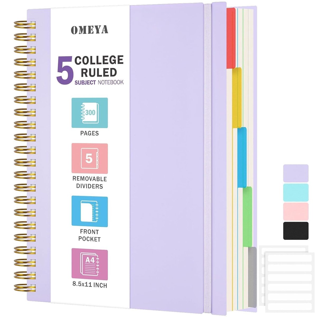 SnelShoppen - Spiraal Notitieboek A4 21,6 cm x 27,9 cm, 5-vaks Collegeblok met Verwijderbare Tabbladen, 300 Pagina's 100 g/m² Dikke Schrijfboek voor D