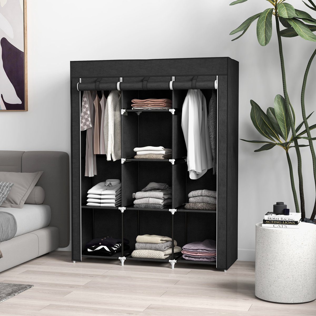 Wishdor - Kledingkast - Stoffen kast met 2 kledingroedes en 8 legplanken - opvouwbare opbergkast voor slaapkamer of hal - stof en staal - zwart - 125 x 43 x 162,5 cm