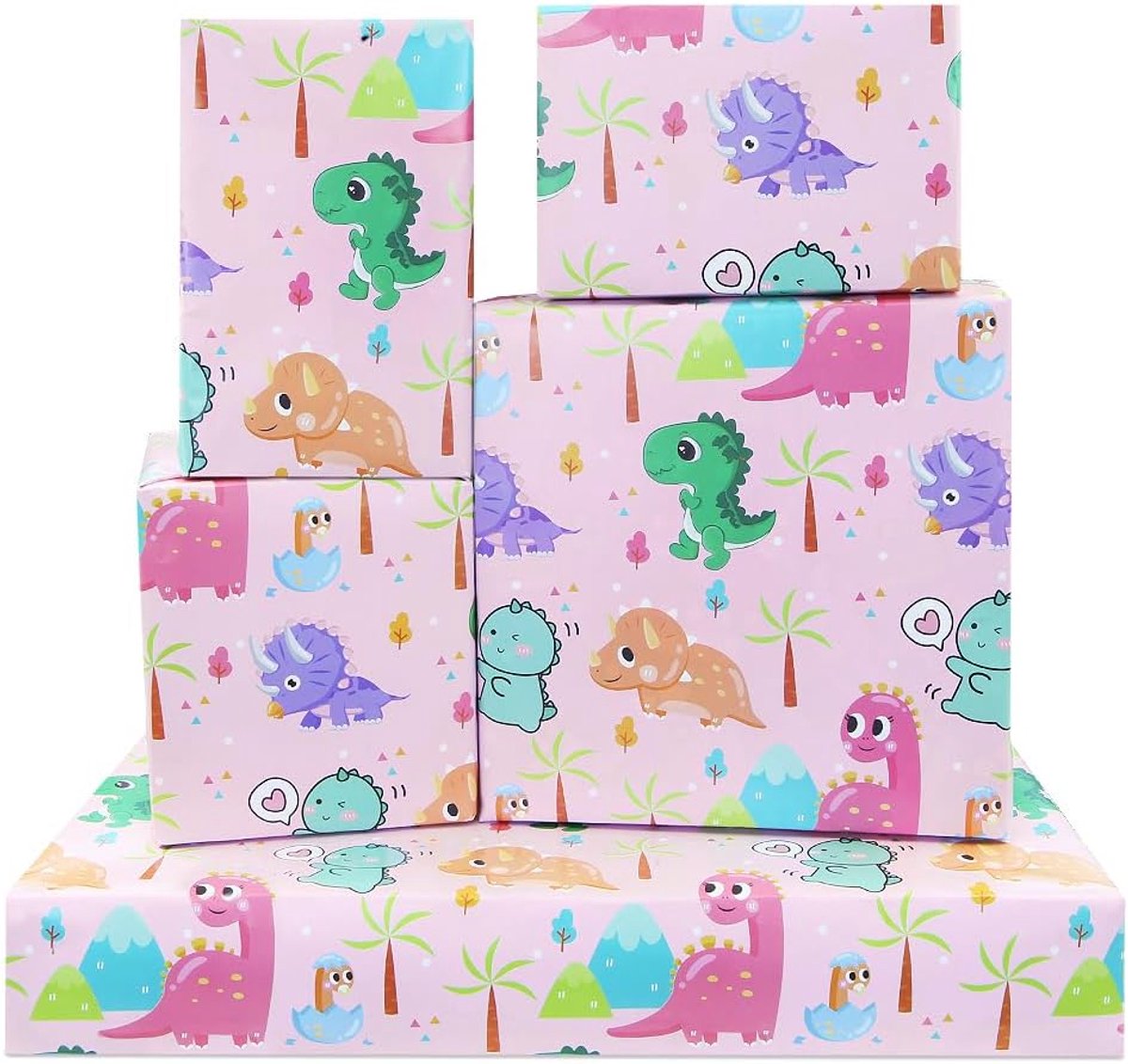 SnelShoppen - Verjaardagscadeau Inpakpapier Roze Dinosaurus, 4 Vellen 50x70cm, Kinderen, Baby Shower, Dino Design, Voor Meisjes en Jongens, Feestdagen