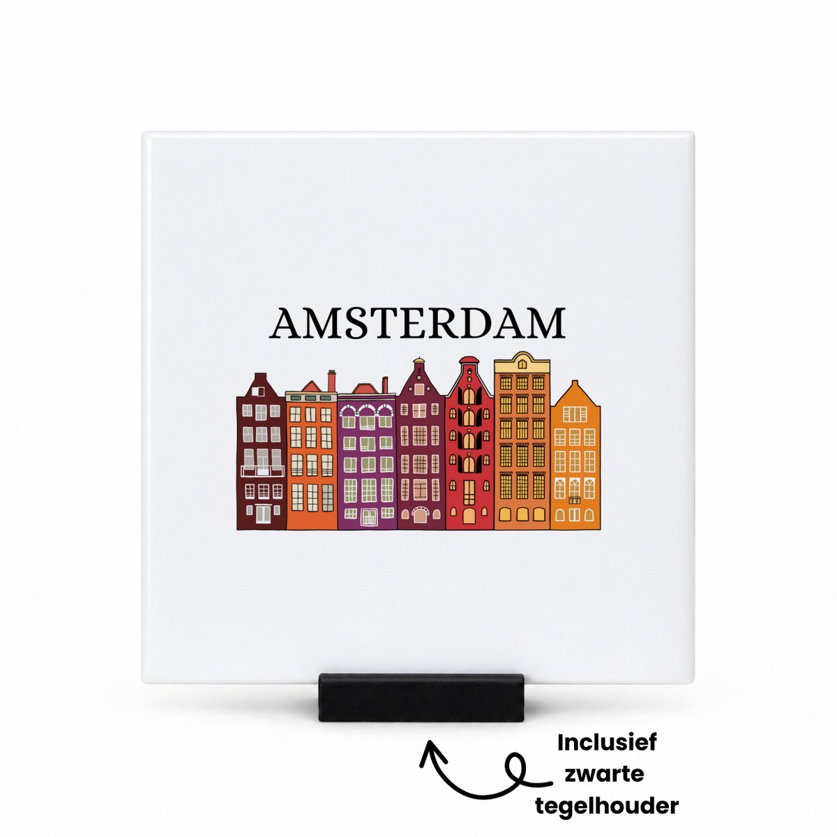 Hacebo Amsterdam tegeltje met tegelhouder - Amsterdam - Amsterdammers - tegeltjes met tekst - de echte Amsterdam liefhebbers Rijtjeshuizen - spreuktegels - 10.8x10.8 CM Wit