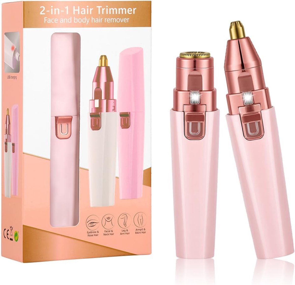 SnelShoppen - 2-in-1 Epilator Dames USB Oplaadbare Gezichts- en Lichaamshaarverwijderaar voor Wenkbrauwen, Lippen, Oren en Neus - Roze, Pijnloos en Wa